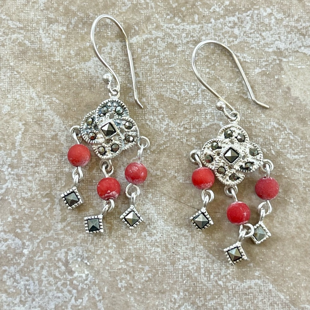 Vintage Artisan 925 Sterling Silver Marcasite & Carnelian Chandelier Earrings!